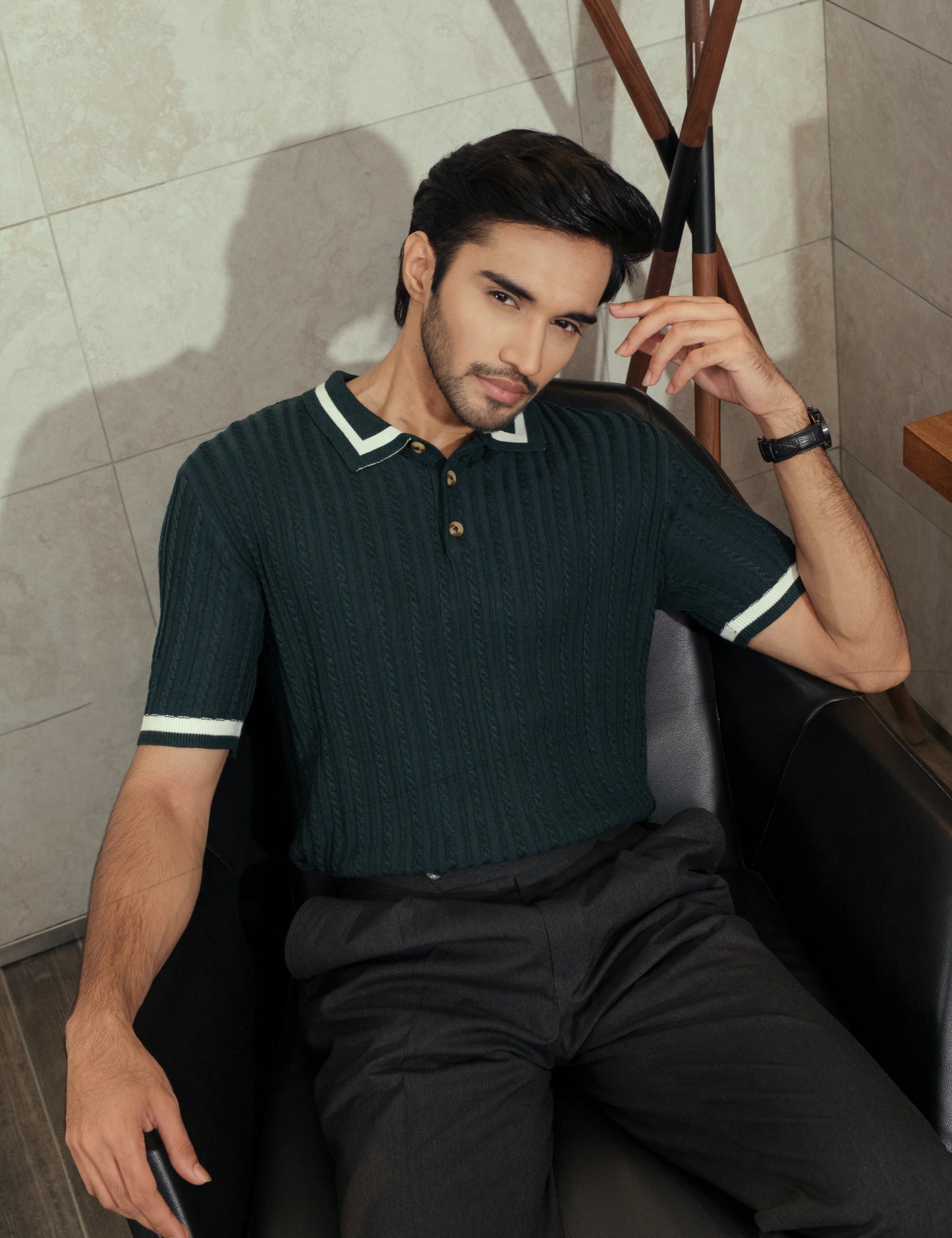 Drip Club Sylvan unisex forest green cable knit polo shirt, standard unisex sizing