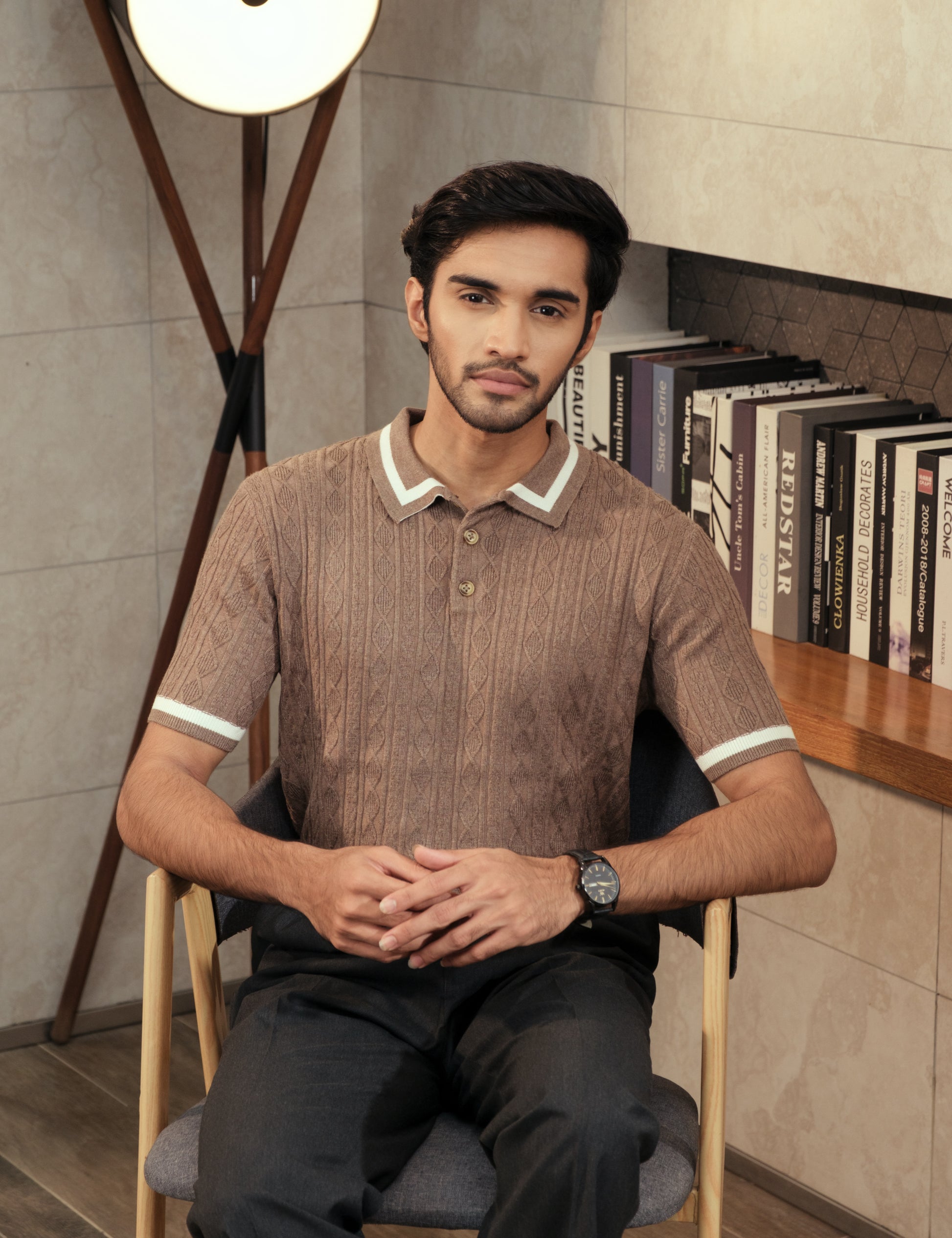 Drip Club Earl unisex caramel brown cable knit polo shirt, standard unisex sizing