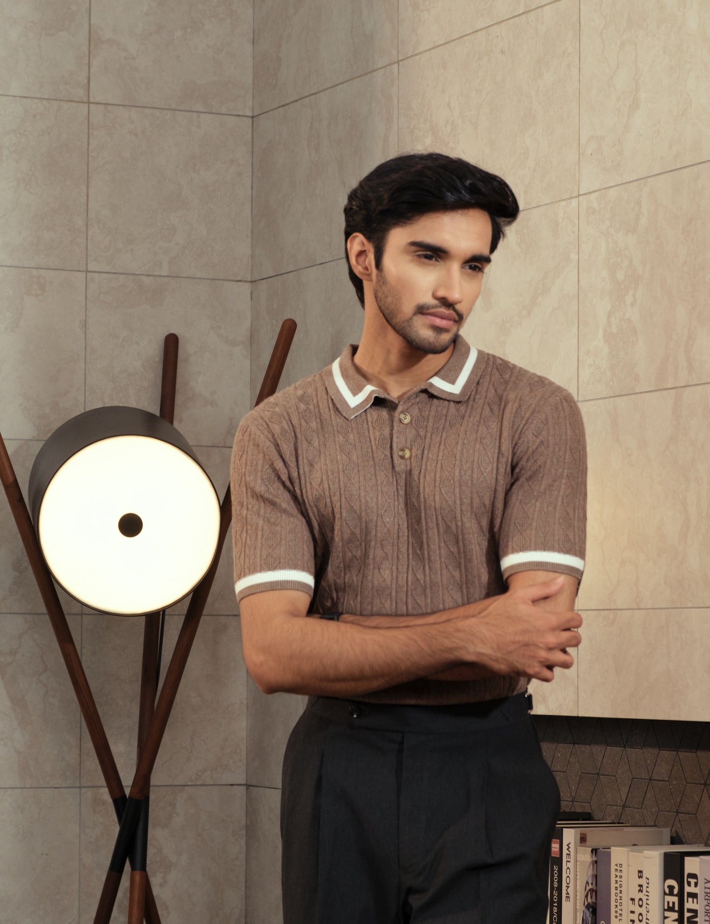 Silky viscose blend cable knit detail on the Earl caramel brown polo from Drip Club