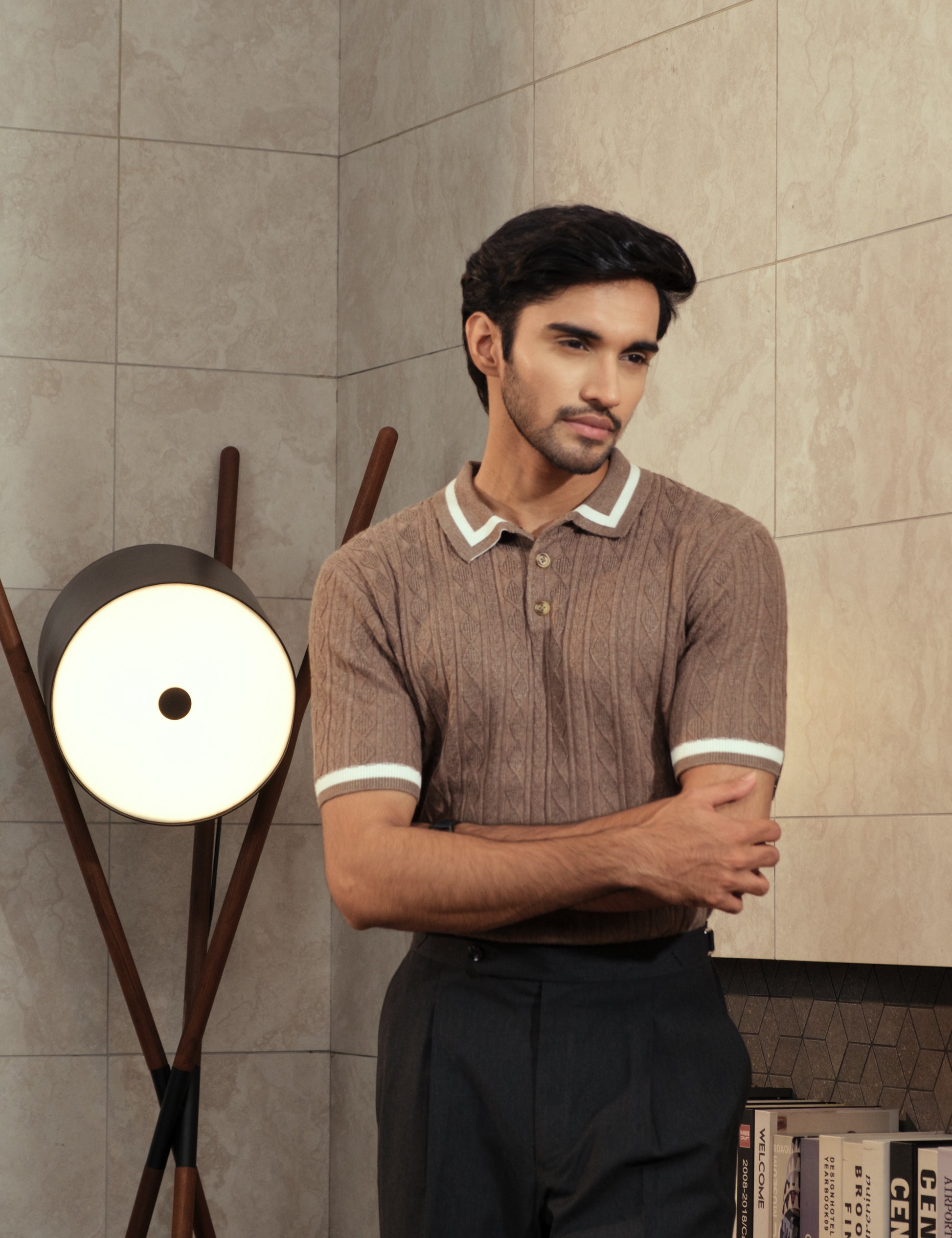Silky viscose blend cable knit detail on the Earl caramel brown polo from Drip Club