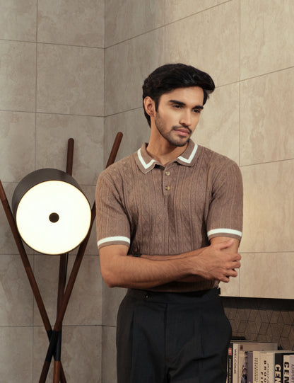 Silky viscose blend cable knit detail on the Earl caramel brown polo from Drip Club