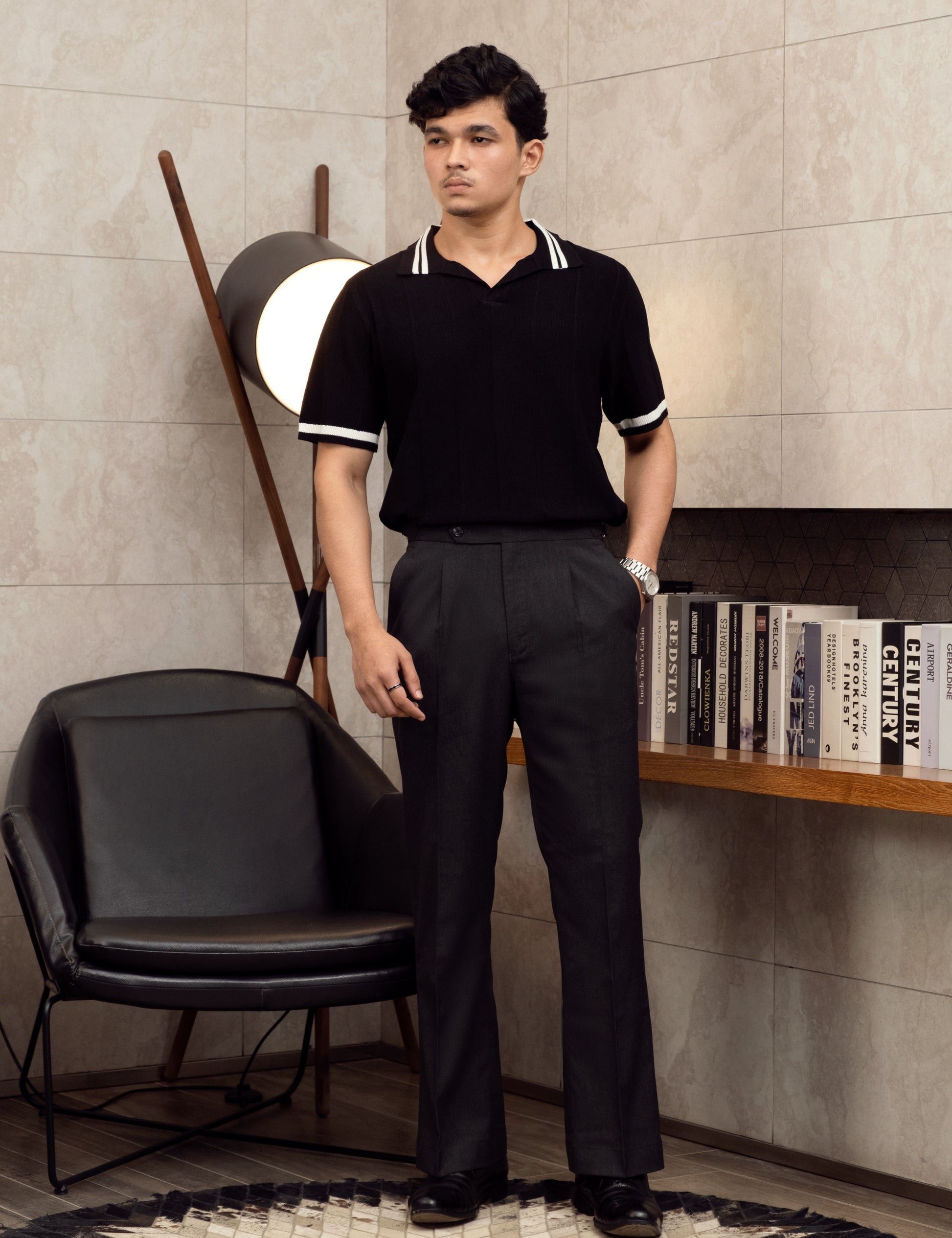 Side adjuster and double pleat detail on the Mistal charcoal flared trousers from Drip Club