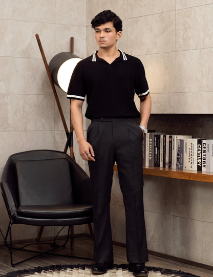 Side adjuster and double pleat detail on the Mistal charcoal flared trousers from Drip Club