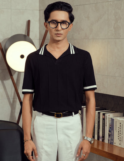 Unisex Premium Cable Knit Polo – Onyx (Deep Black)