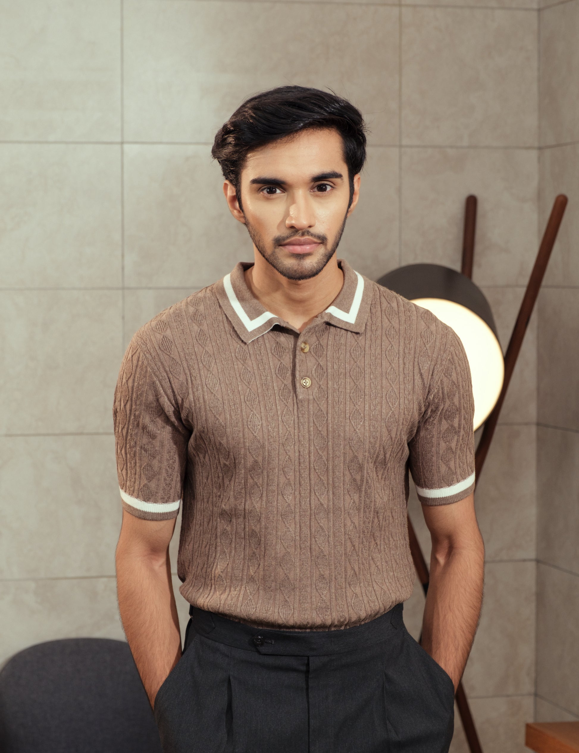 Earl unisex caramel brown cable knit polo shirt by Drip Club Syd