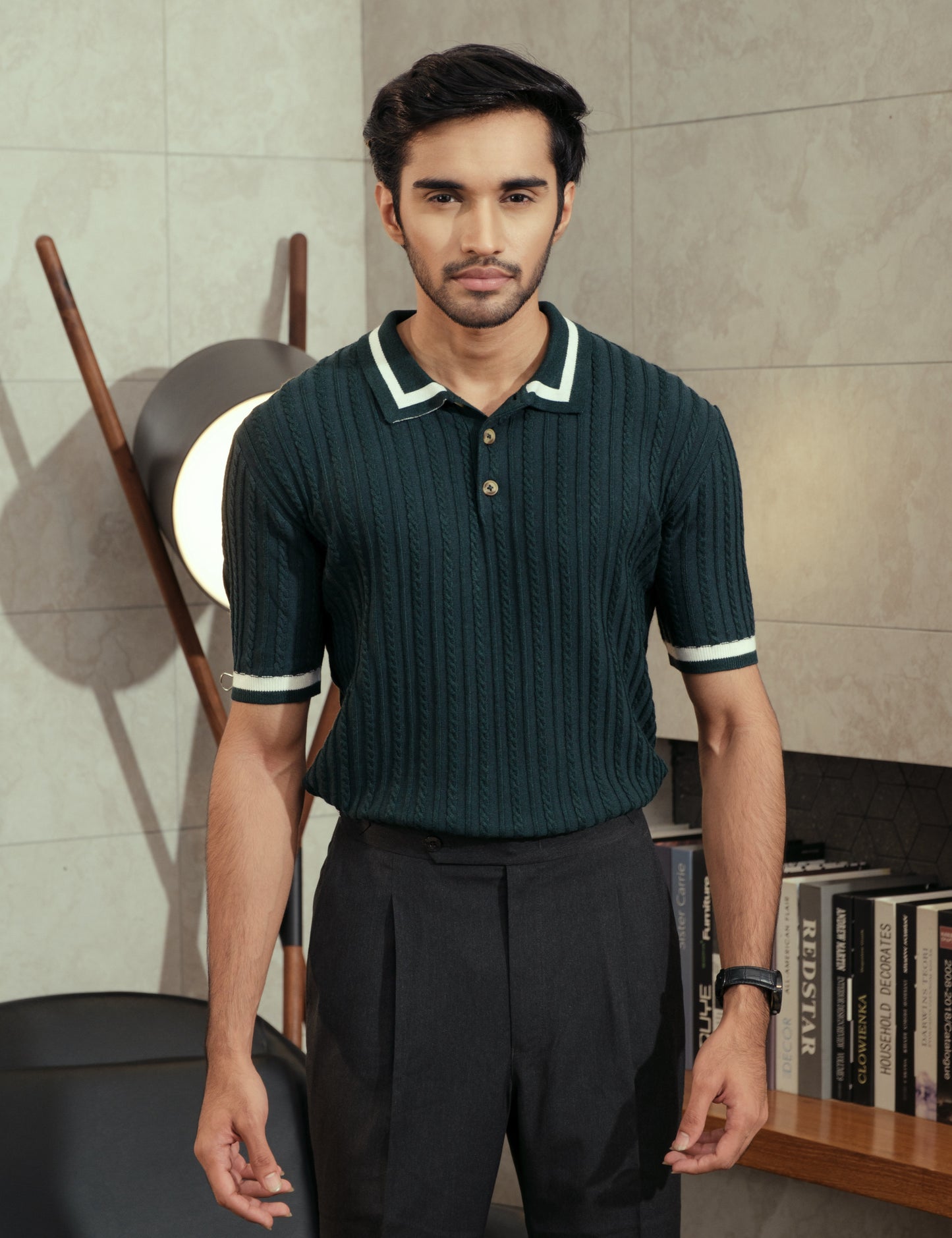 Sylvan unisex forest green cable knit polo shirt by Drip Club Syd