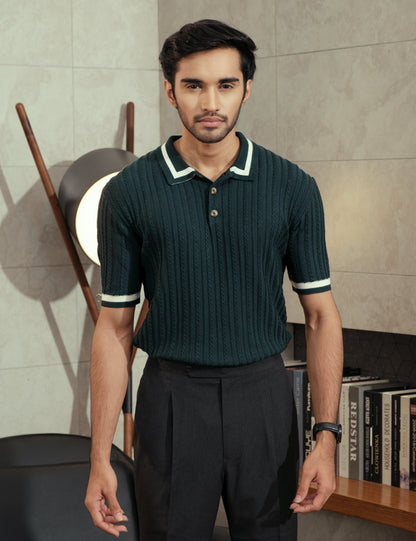 Sylvan unisex forest green cable knit polo shirt by Drip Club Syd