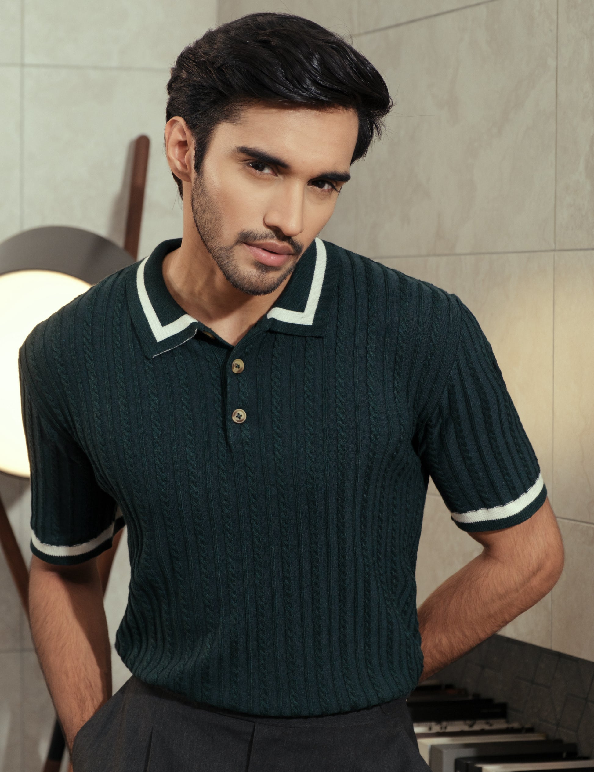 Sylvan forest green cable knit polo shirt styled for smart casual by Drip Club Syd