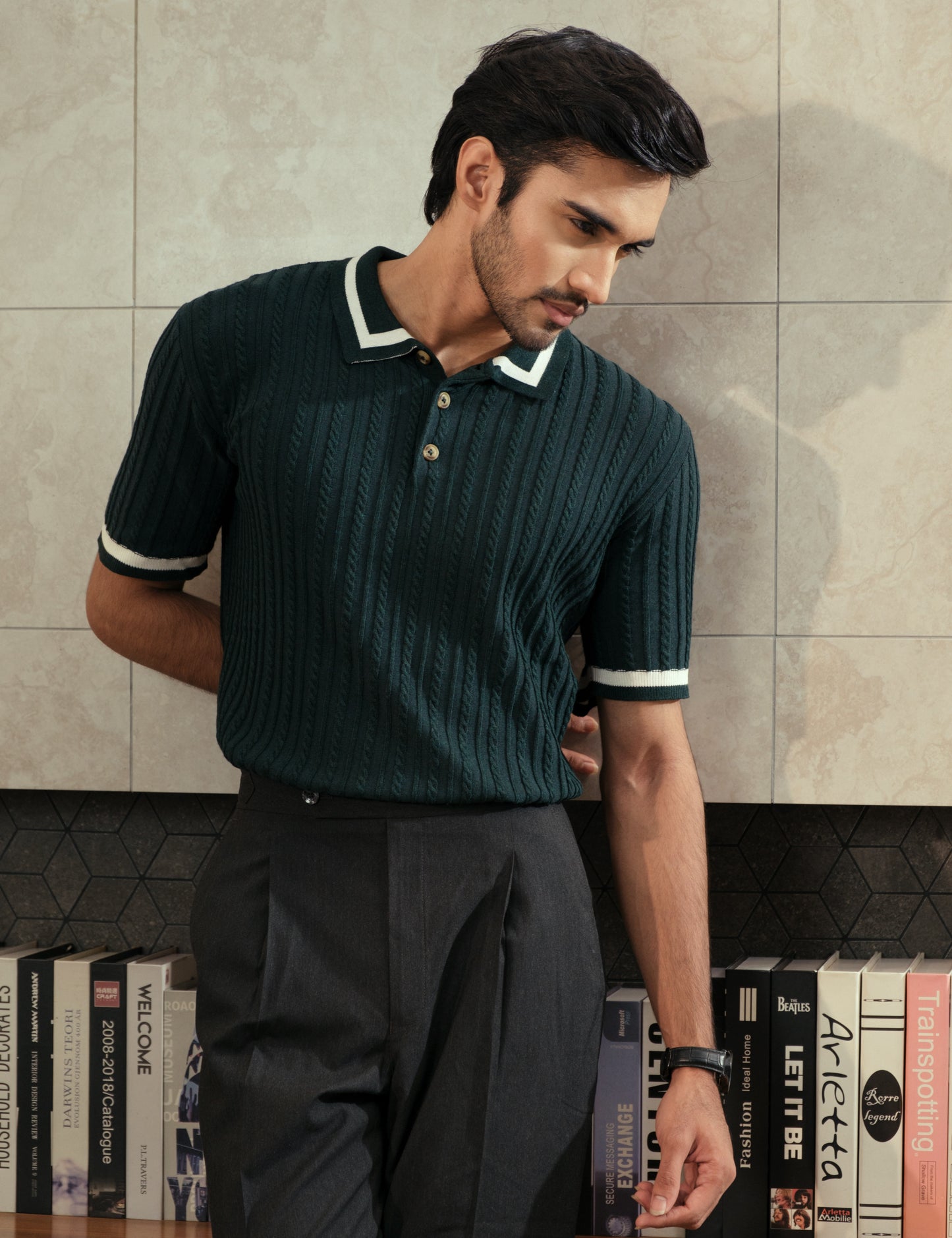Drip Club Sylvan forest green cable knit polo shirt worn by a model, tailored unisex fit