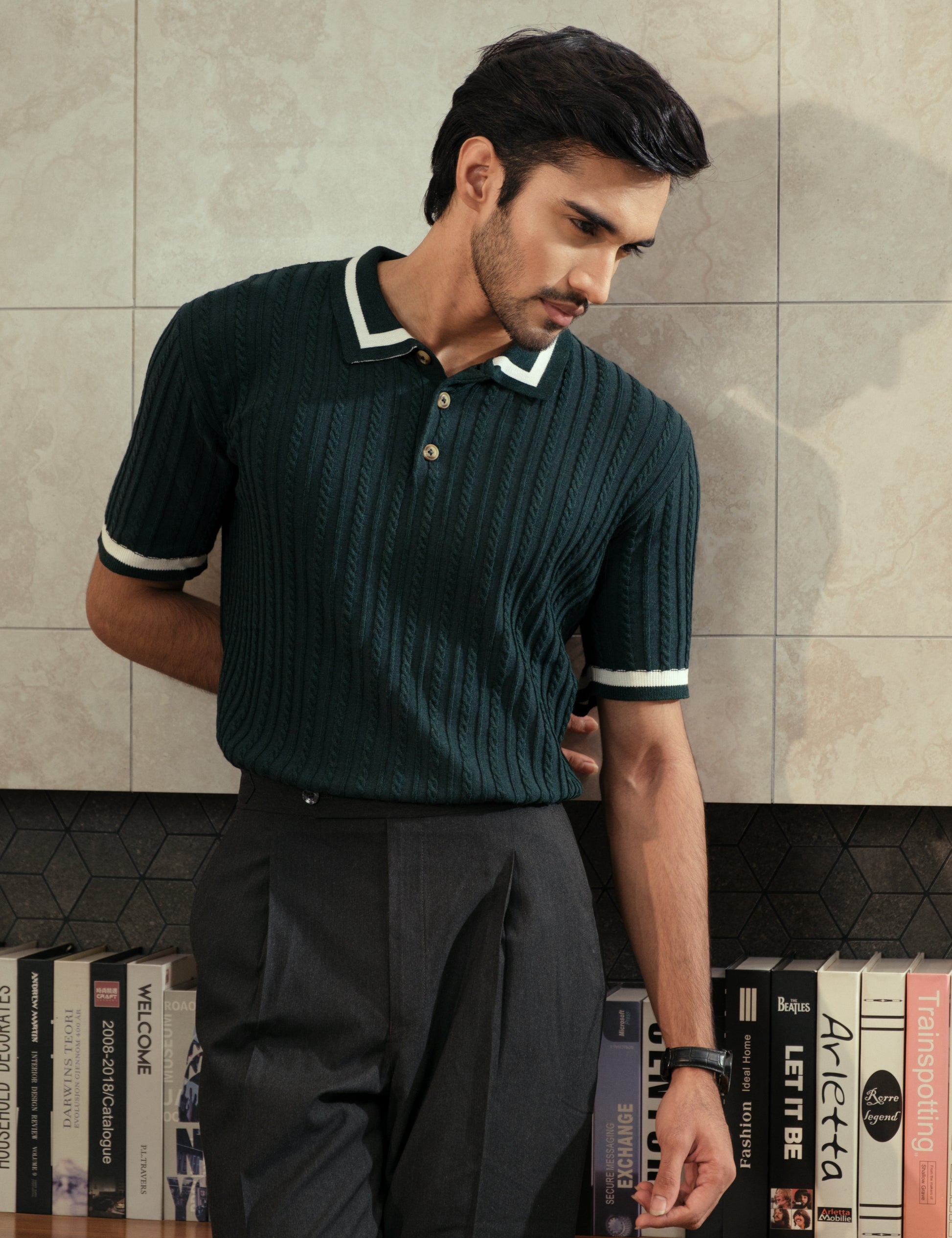 Drip Club Sylvan forest green cable knit polo shirt worn by a model, tailored unisex fit