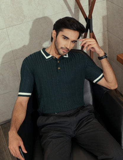 Drip Club Sylvan unisex forest green cable knit polo shirt, standard unisex sizing