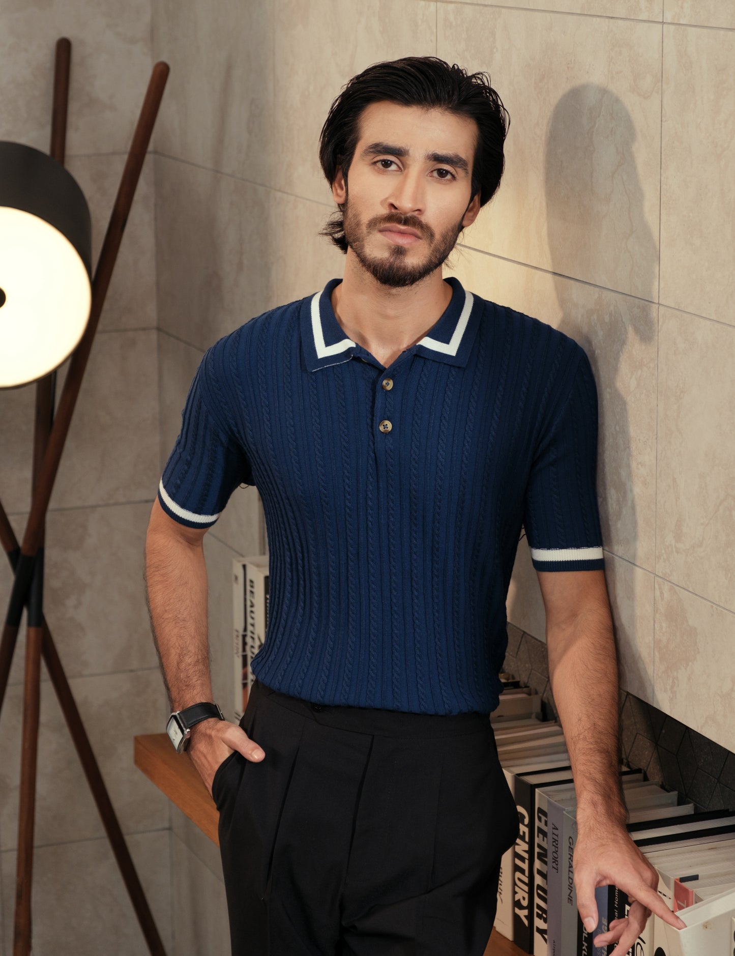 Unisex Premium Cable Knit Polo – Naverio (Navy Blue)