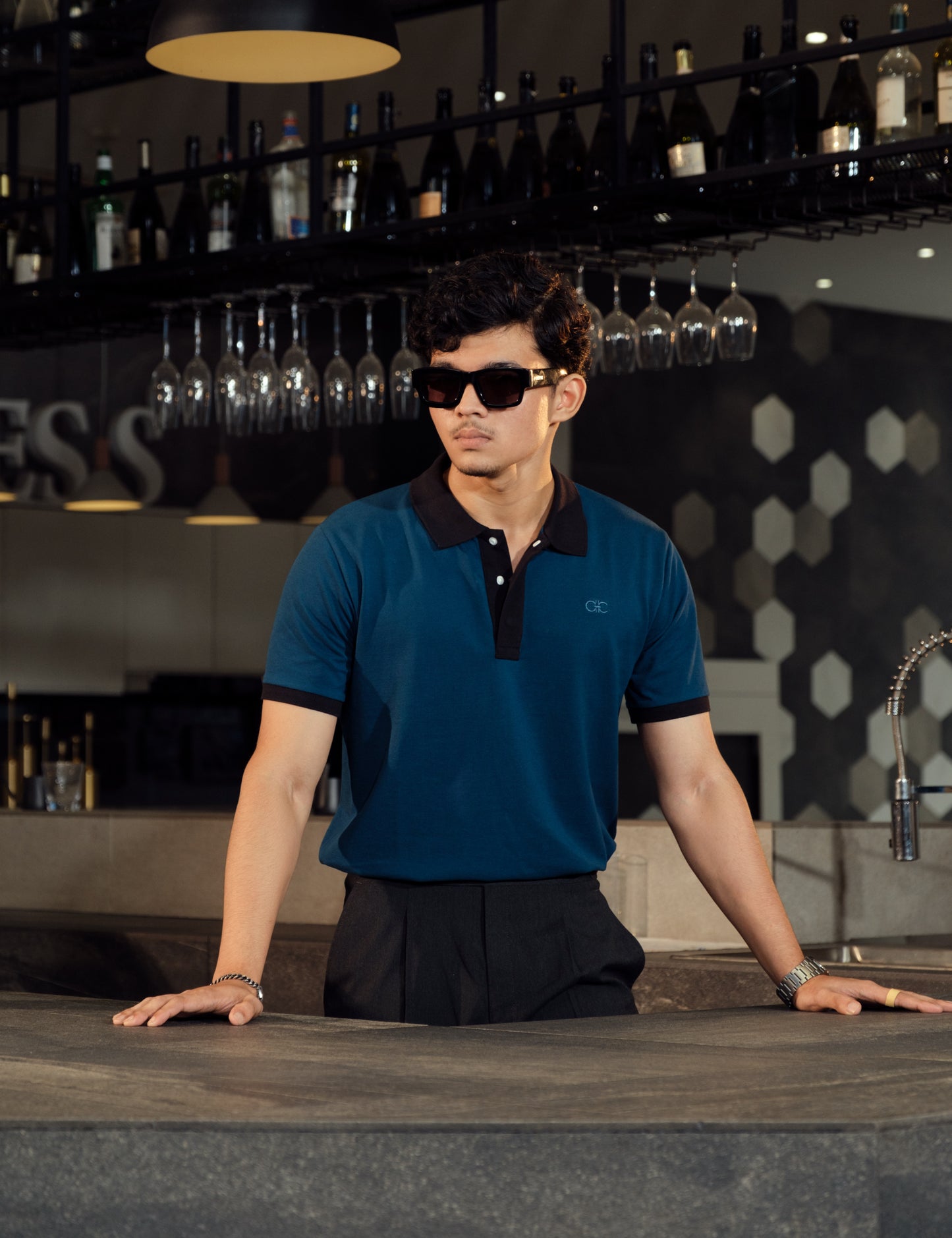 Unisex Minimalist Teal Polo – Apatite (Deep Blue-Green Cotton)