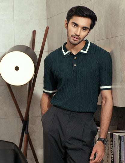 Silky viscose blend cable knit detail on the Sylvan forest green polo from Drip Club