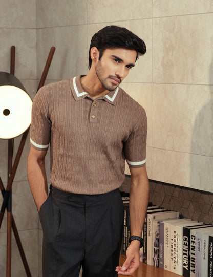 Drip Club Earl caramel brown cable knit polo shirt worn by a model, tailored unisex fit